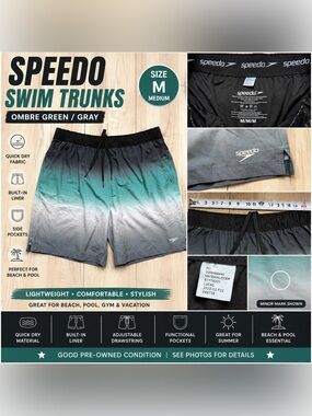 Swim Trunks Mens Medium Ombre Green Gray Athletic Shorts Lined Beach